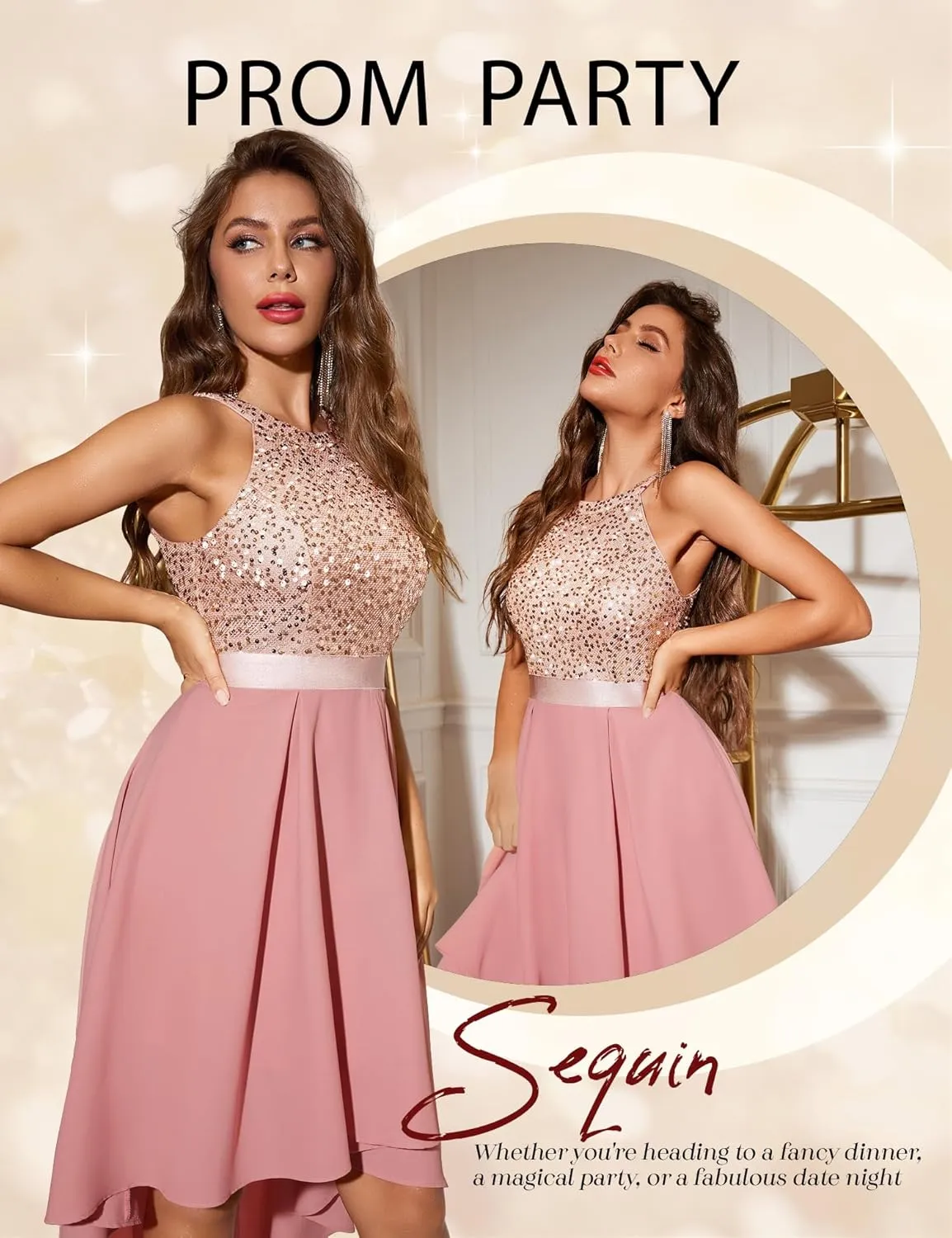 Dressystar Women's Sequin Halter Cocktail Prom Dresses Hi-Lo Sparkly Glitter Homecoming Bridesmaid Wedding Dress