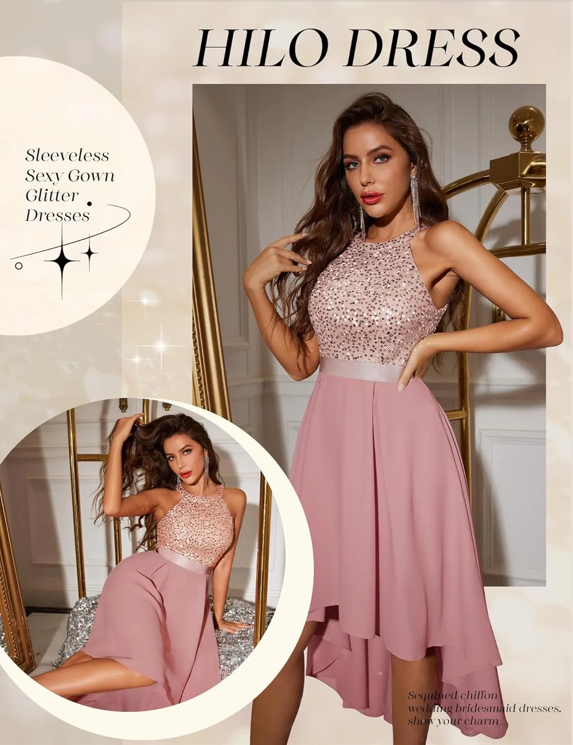 Dressystar Women's Sequin Halter Cocktail Prom Dresses Hi-Lo Sparkly Glitter Homecoming Bridesmaid Wedding Dress