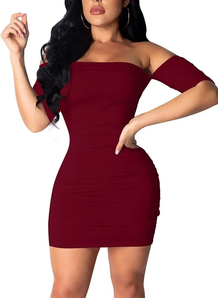 GOBLES Women's Summer Short Sleeve Sexy Bodycon Ruched Mini Party Dress