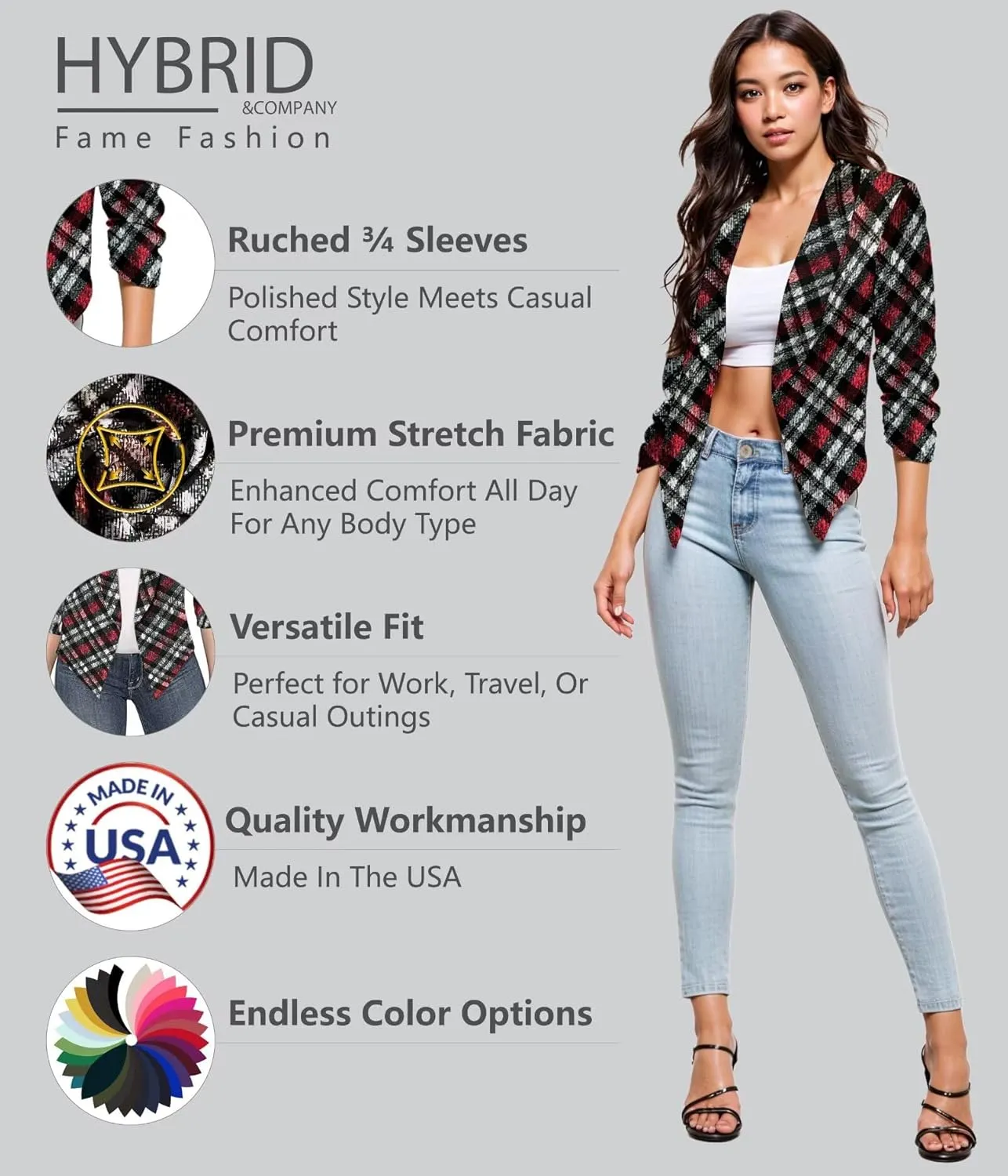 Hybrid & Company Women's Casual Work Office Blazer Jacket Open Front Shawl with 3/4 Scrunch Sleeves