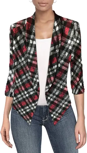 Hybrid & Company Women's Casual Work Office Blazer Jacket Open Front Shawl with 3/4 Scrunch Sleeves