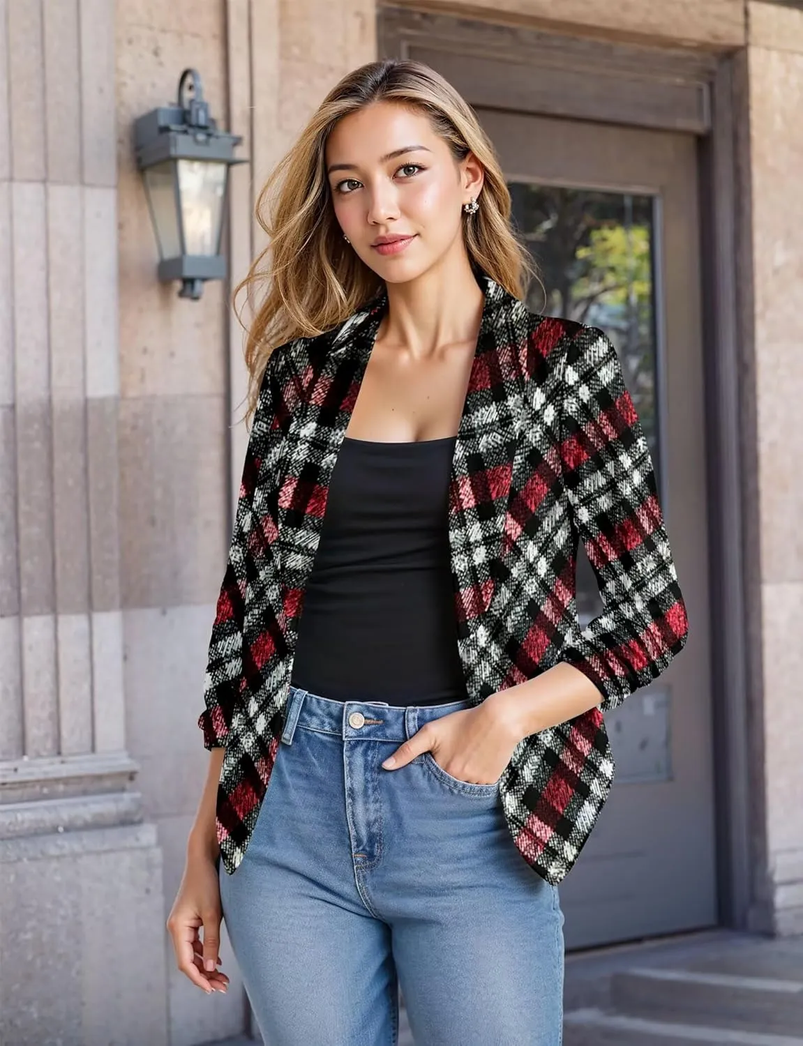 Hybrid & Company Women's Casual Work Office Blazer Jacket Open Front Shawl with 3/4 Scrunch Sleeves