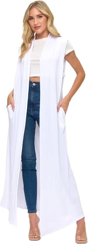 Isaac Liev Women's Sleeveless Cardigan  Casual Long Maxi Open Front Flowy Drape Lightweight Duster Vest Made in The USA