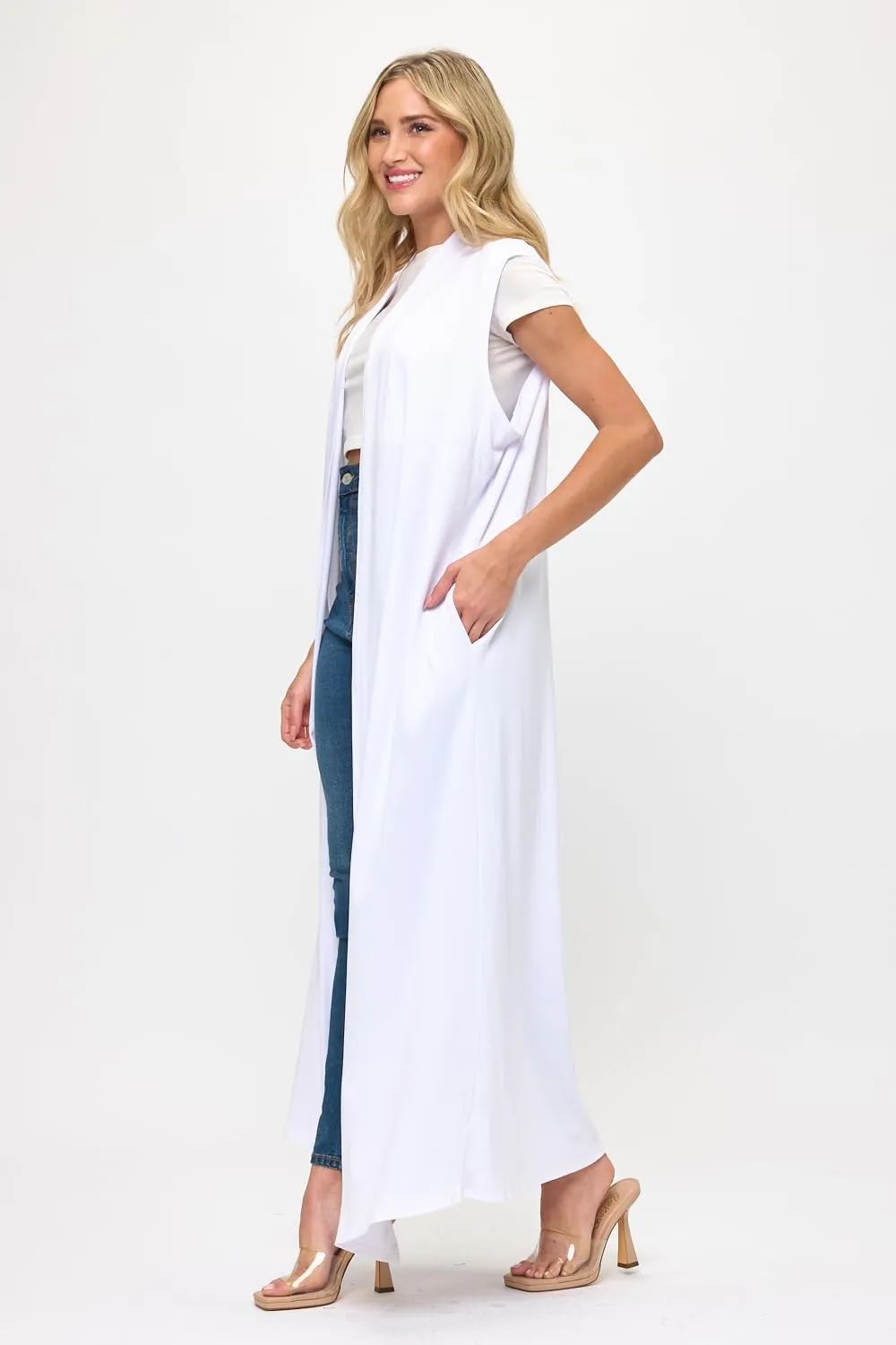 Isaac Liev Women's Sleeveless Cardigan  Casual Long Maxi Open Front Flowy Drape Lightweight Duster Vest Made in The USA
