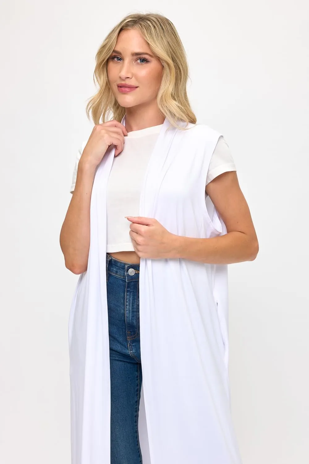 Isaac Liev Women's Sleeveless Cardigan  Casual Long Maxi Open Front Flowy Drape Lightweight Duster Vest Made in The USA