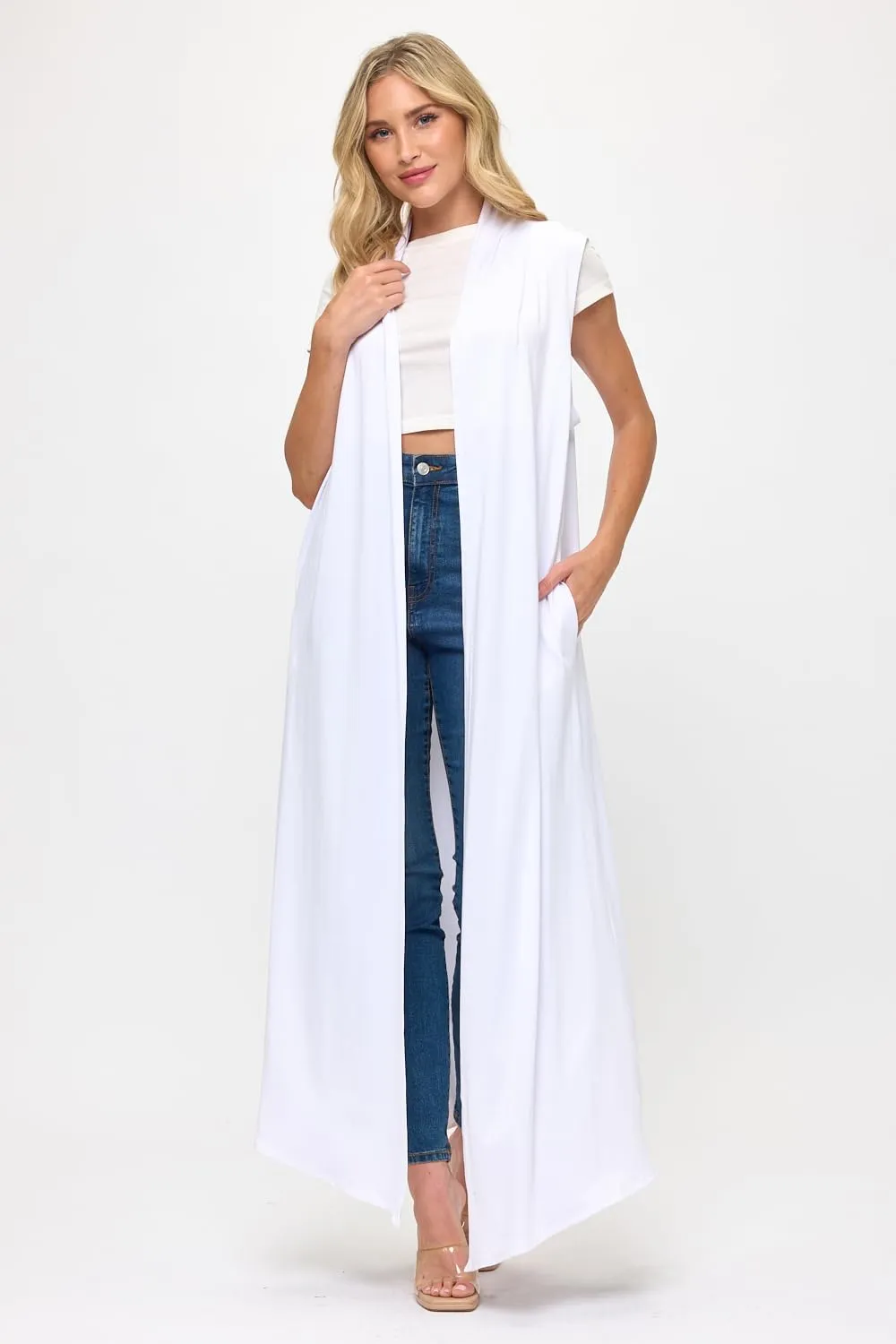 Isaac Liev Women's Sleeveless Cardigan  Casual Long Maxi Open Front Flowy Drape Lightweight Duster Vest Made in The USA