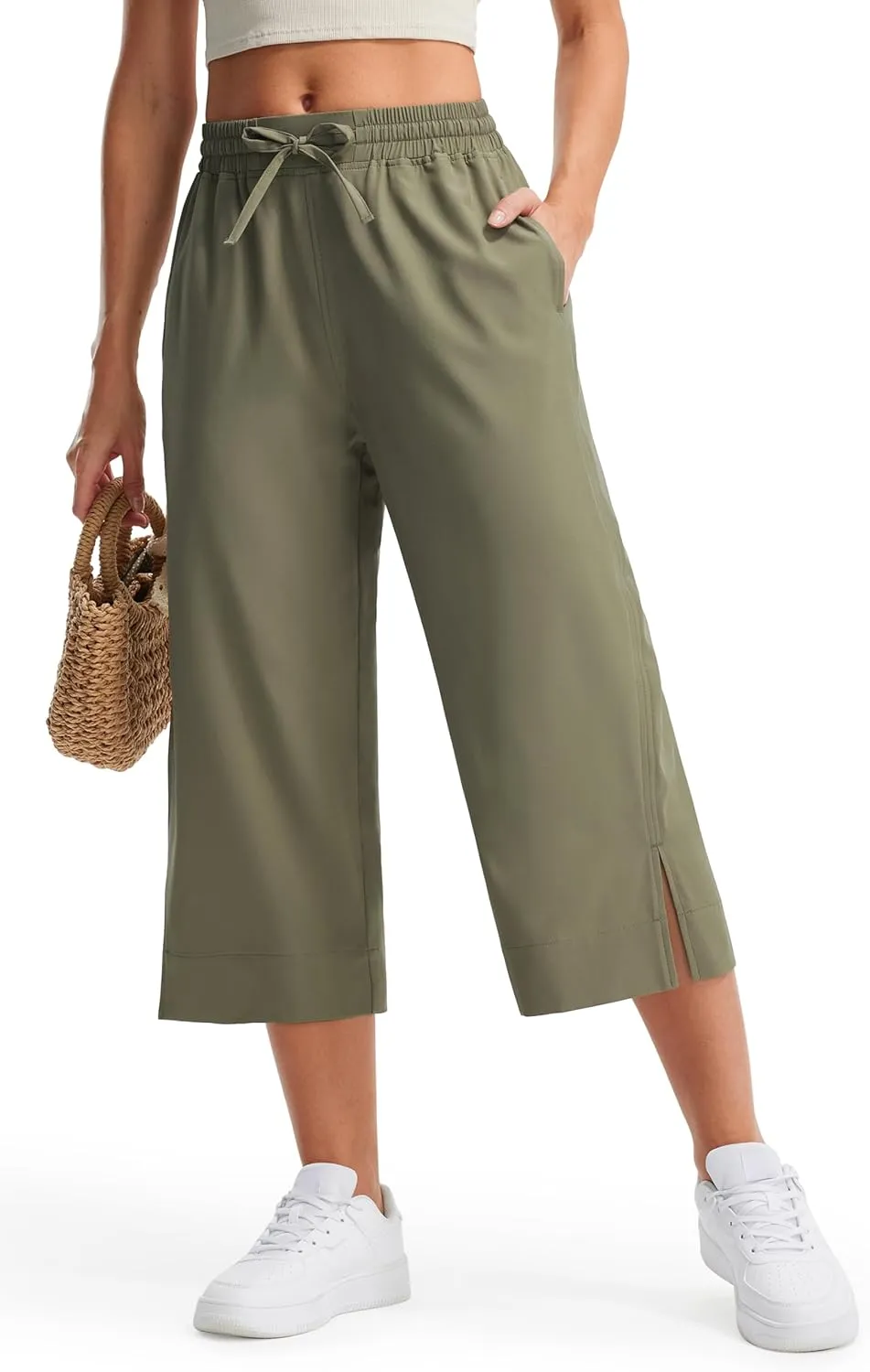 Libin Lightweight Wide Leg Capri Pants for Women High Waisted Quick Dry Casual Travel Pants Loose with Pockets Walking