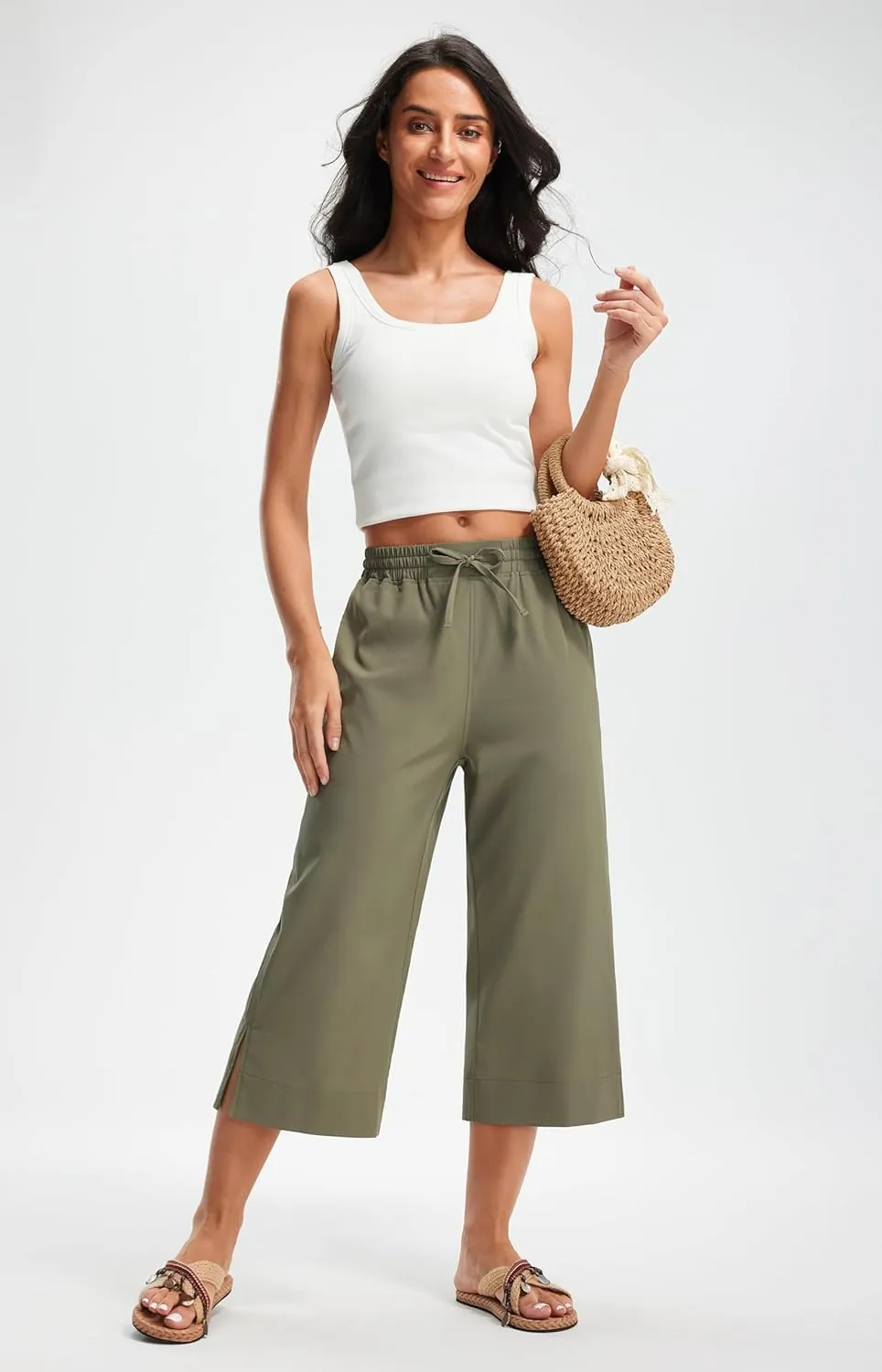 Libin Lightweight Wide Leg Capri Pants for Women High Waisted Quick Dry Casual Travel Pants Loose with Pockets Walking