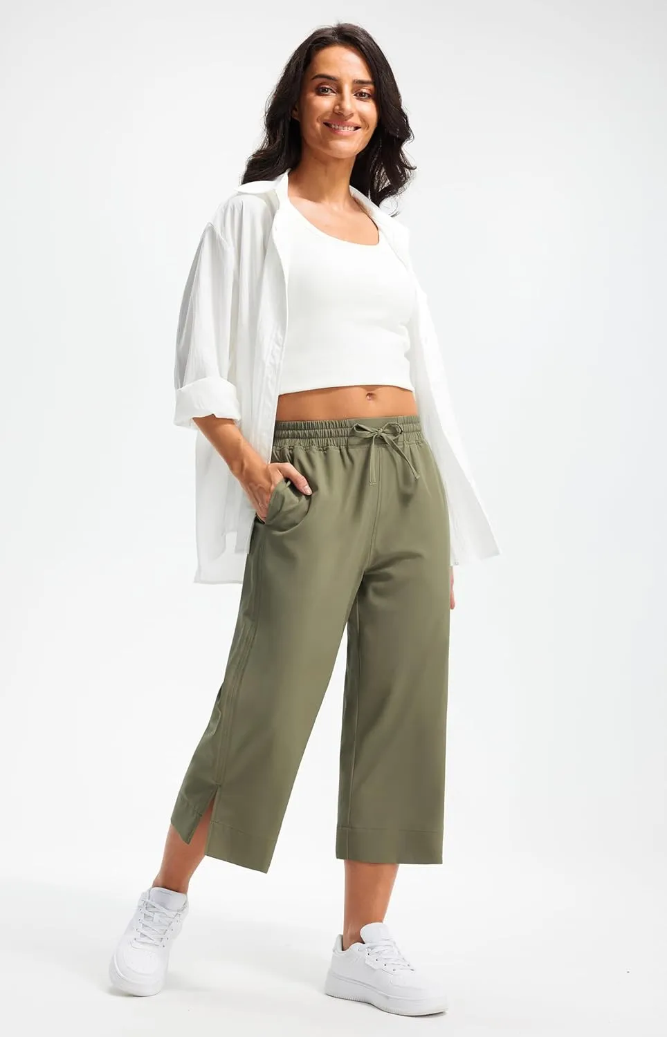 Libin Lightweight Wide Leg Capri Pants for Women High Waisted Quick Dry Casual Travel Pants Loose with Pockets Walking