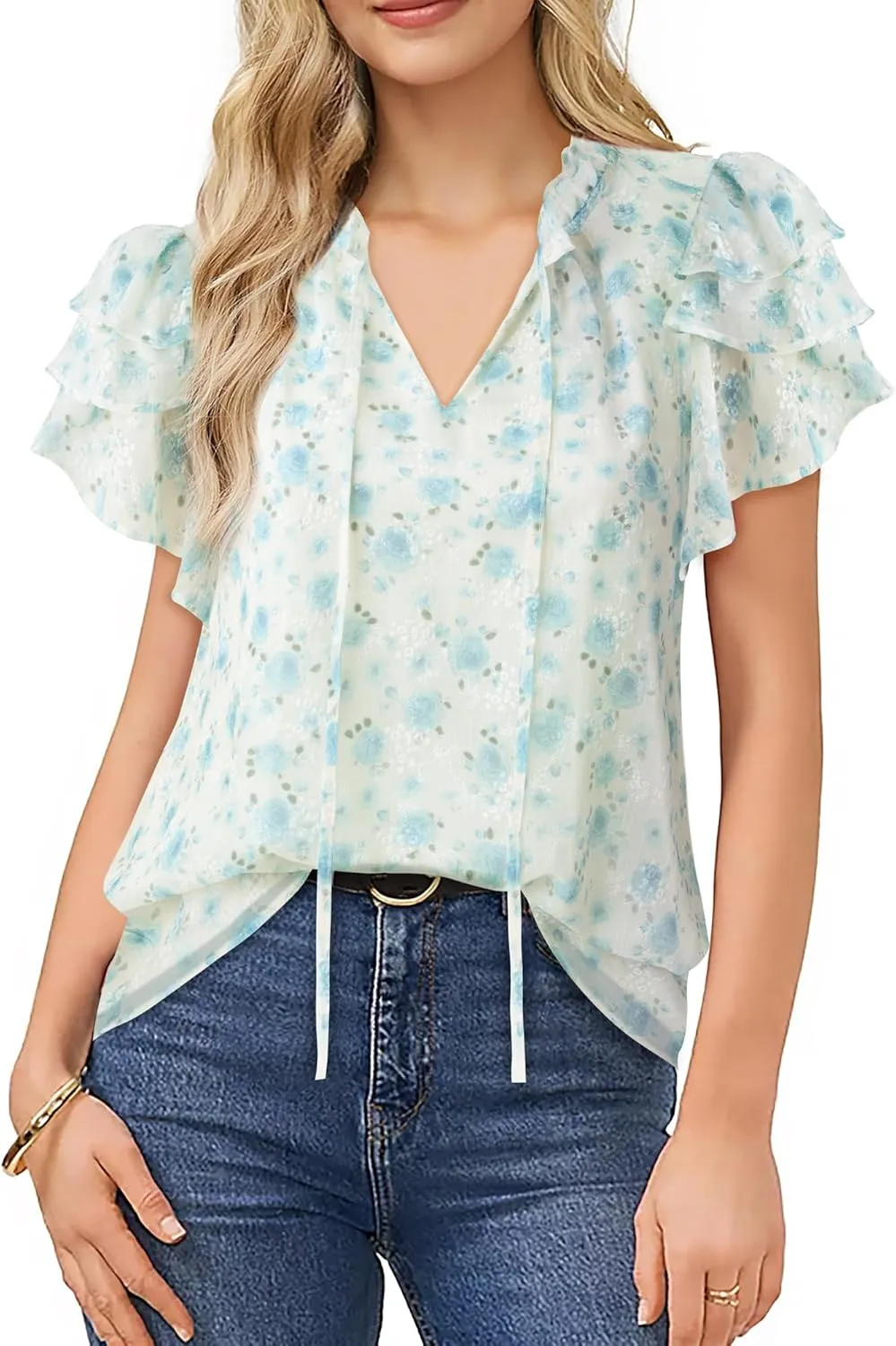 Lotusmile Summer Chiffon Dressy Casual Blouses Elegant Ruffle Short Sleeve Work Tops for Women Trendy