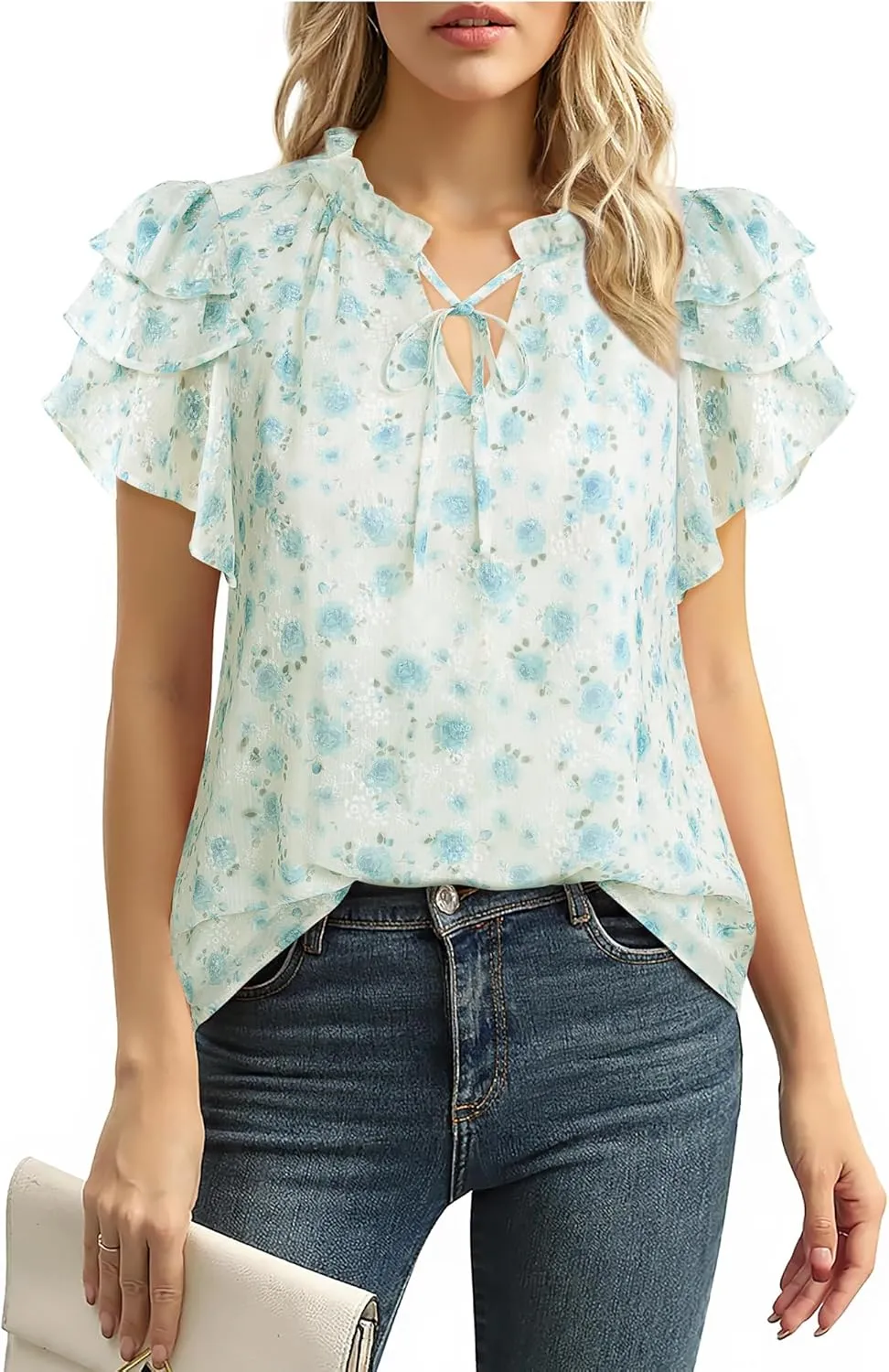 Lotusmile Summer Chiffon Dressy Casual Blouses Elegant Ruffle Short Sleeve Work Tops for Women Trendy