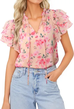Lotusmile Summer Chiffon Dressy Casual Blouses Elegant Ruffle Short Sleeve Work Tops for Women Trendy