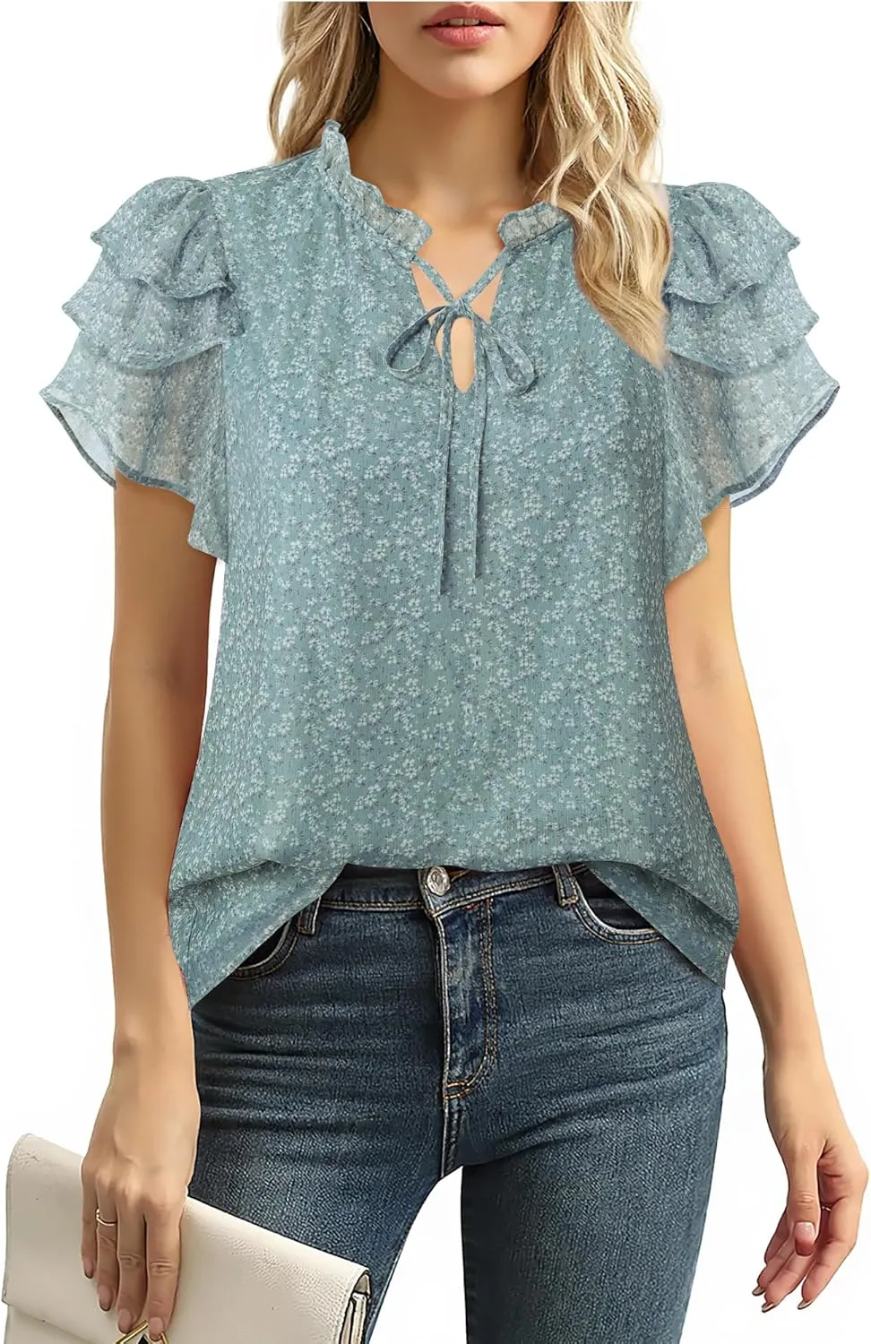 Lotusmile Summer Chiffon Dressy Casual Blouses Elegant Ruffle Short Sleeve Work Tops for Women Trendy