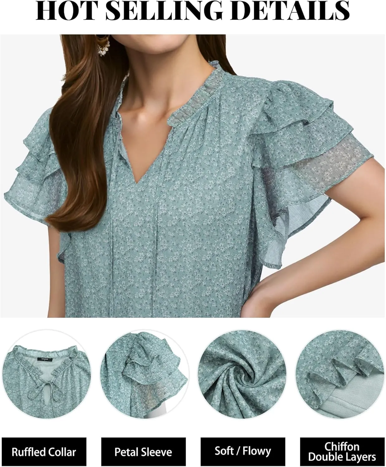 Lotusmile Summer Chiffon Dressy Casual Blouses Elegant Ruffle Short Sleeve Work Tops for Women Trendy