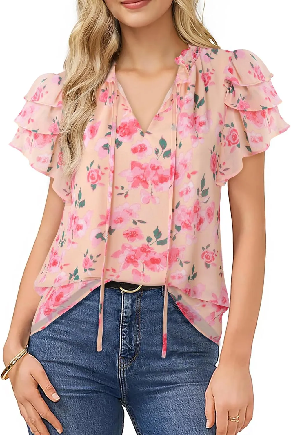 Lotusmile Summer Chiffon Dressy Casual Blouses Elegant Ruffle Short Sleeve Work Tops for Women Trendy