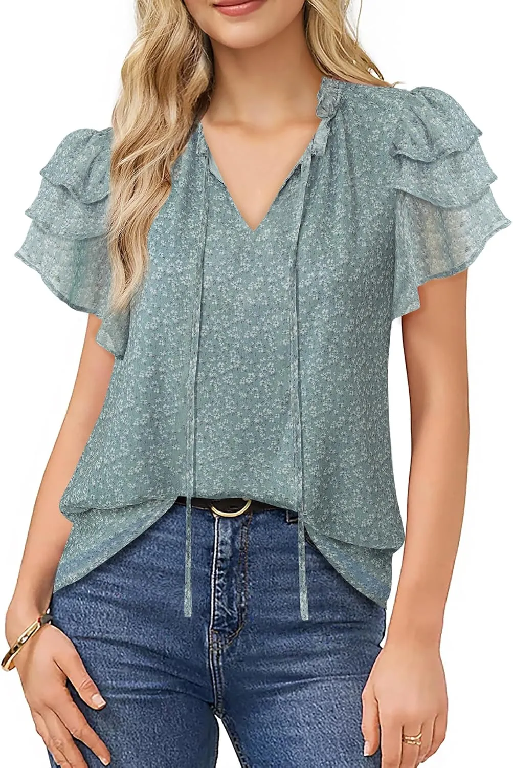 Lotusmile Summer Chiffon Dressy Casual Blouses Elegant Ruffle Short Sleeve Work Tops for Women Trendy