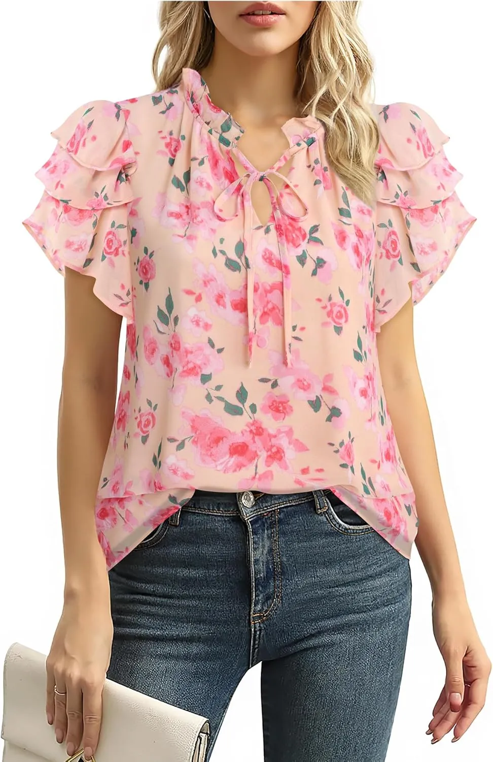 Lotusmile Summer Chiffon Dressy Casual Blouses Elegant Ruffle Short Sleeve Work Tops for Women Trendy