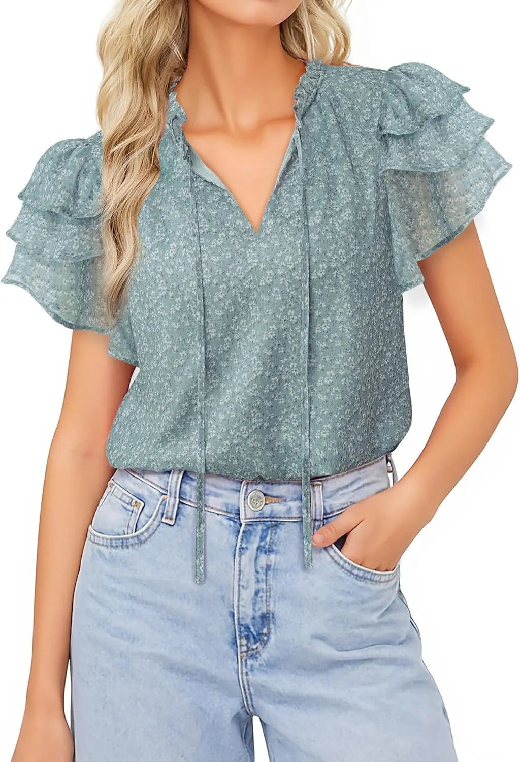 Lotusmile Summer Chiffon Dressy Casual Blouses Elegant Ruffle Short Sleeve Work Tops for Women Trendy