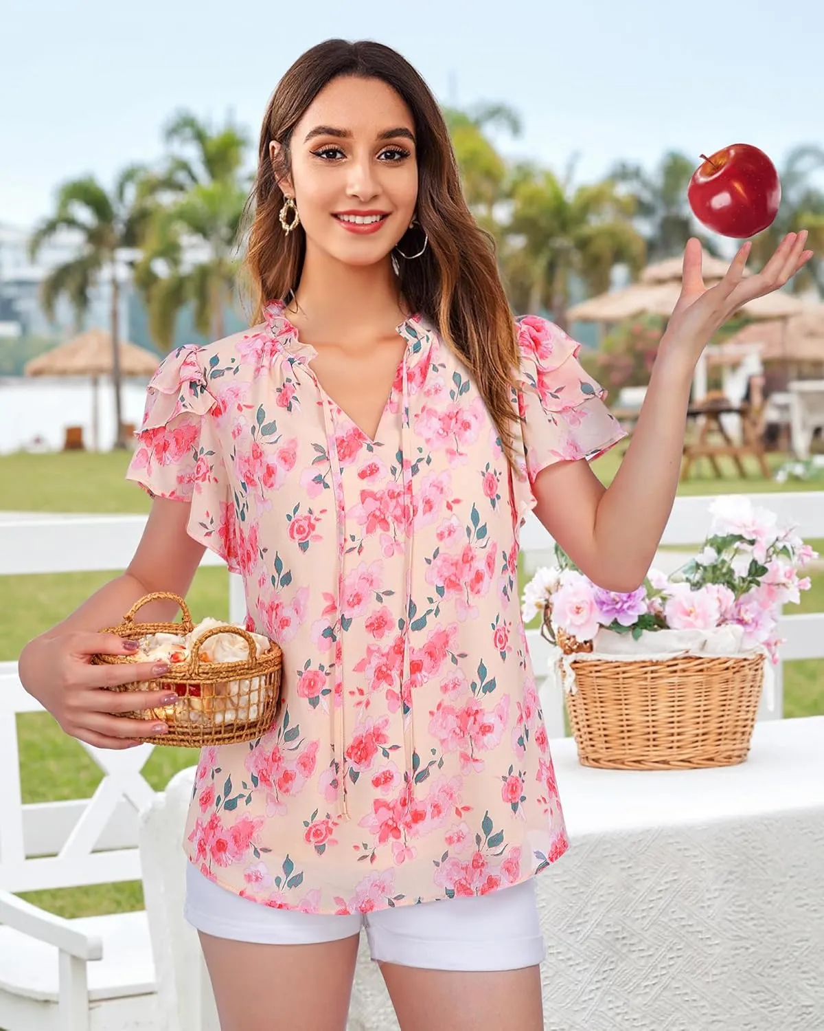 Lotusmile Summer Chiffon Dressy Casual Blouses Elegant Ruffle Short Sleeve Work Tops for Women Trendy