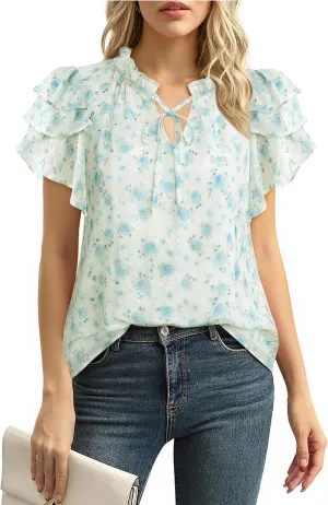 Lotusmile Summer Chiffon Dressy Casual Blouses Elegant Ruffle Short Sleeve Work Tops for Women Trendy