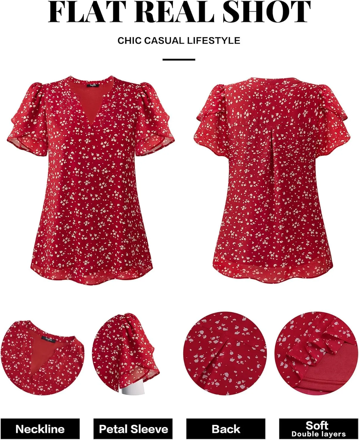 Lotusmile Womens Dressy Chiffon Blouses Summer Puff Petal Short Sleeve Shirts V Neck Casual Work Tops