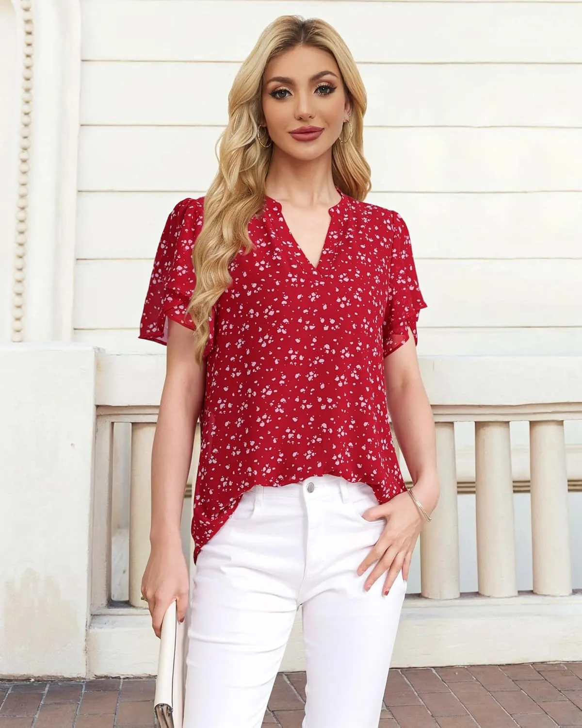 Lotusmile Womens Dressy Chiffon Blouses Summer Puff Petal Short Sleeve Shirts V Neck Casual Work Tops