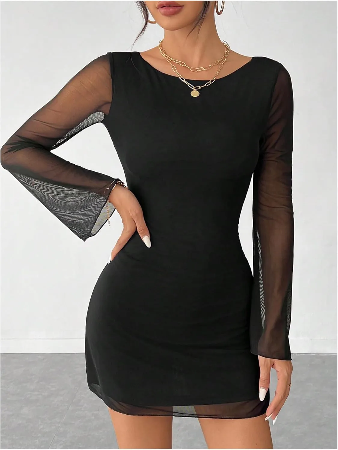 MakeMeChic Women's Mesh Backless Short Dress Bell Sleeve Party Mini Dresses