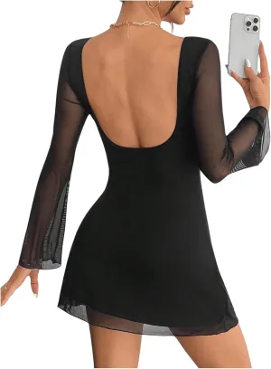 MakeMeChic Women's Mesh Backless Short Dress Bell Sleeve Party Mini Dresses