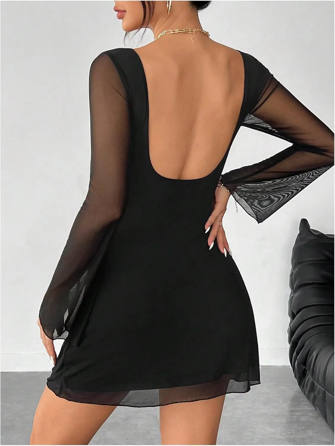 MakeMeChic Women's Mesh Backless Short Dress Bell Sleeve Party Mini Dresses