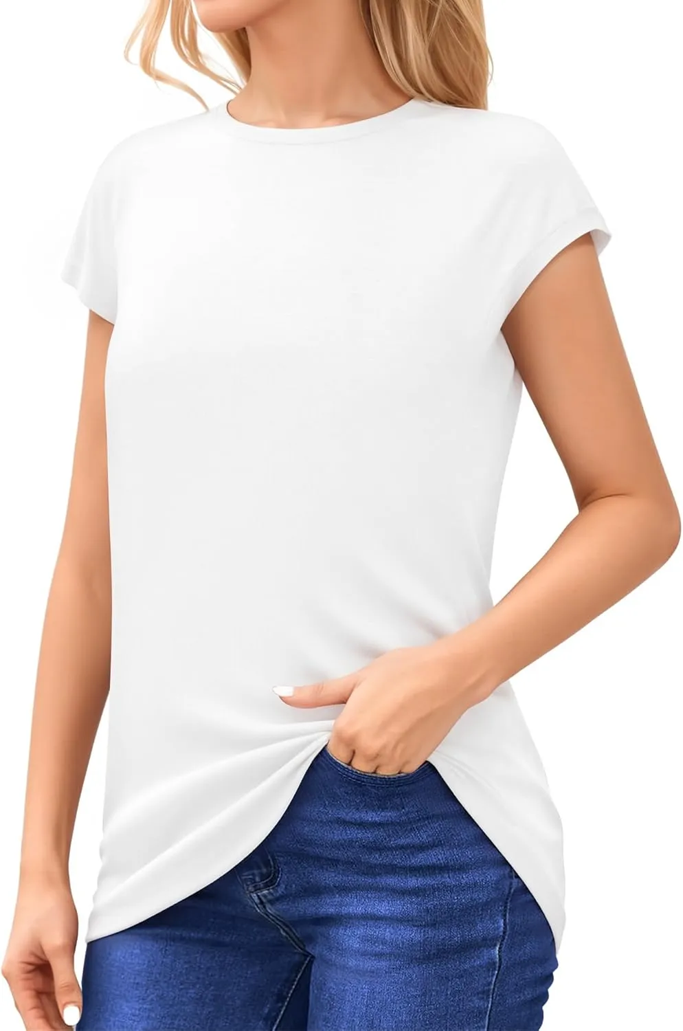 MANGOPOP Cap Sleeve Tops for Women Casual Crew Neck T Shirts Cute Summer Going Out Top