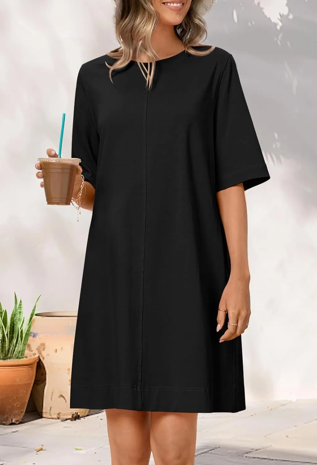 MEROKEETY Women's 2025 Summer Short Sleeve Dress Crewneck Casual Mini Tshirt Dresses with Pockets