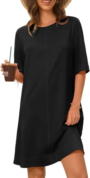 MEROKEETY Women's 2025 Summer Short Sleeve Dress Crewneck Casual Mini Tshirt Dresses with Pockets