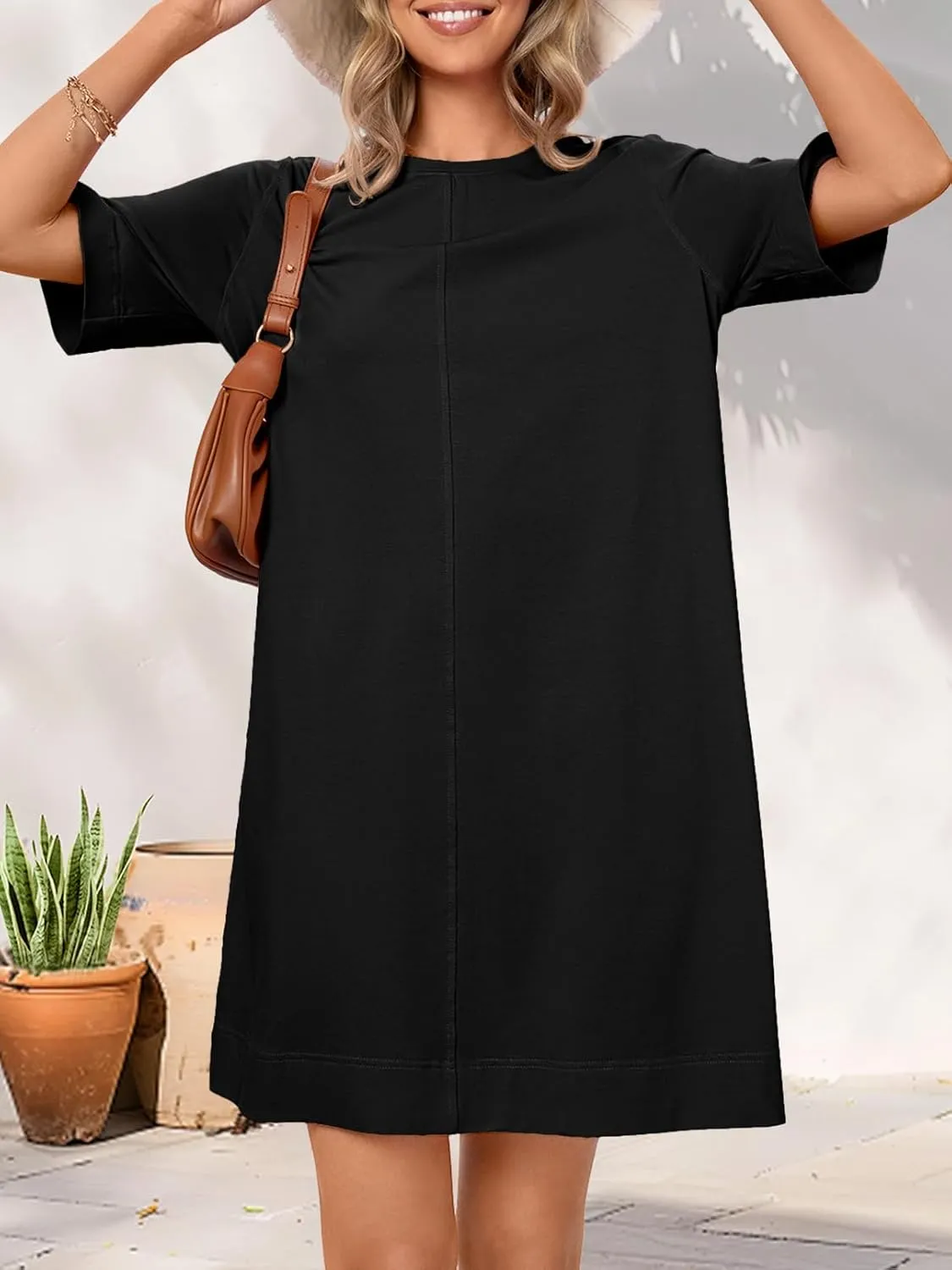 MEROKEETY Women's 2025 Summer Short Sleeve Dress Crewneck Casual Mini Tshirt Dresses with Pockets