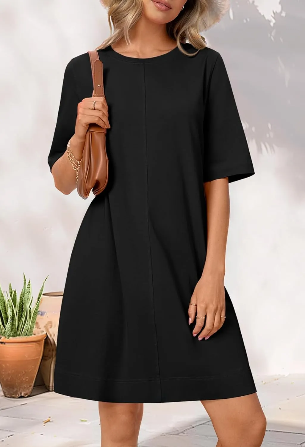 MEROKEETY Women's 2025 Summer Short Sleeve Dress Crewneck Casual Mini Tshirt Dresses with Pockets