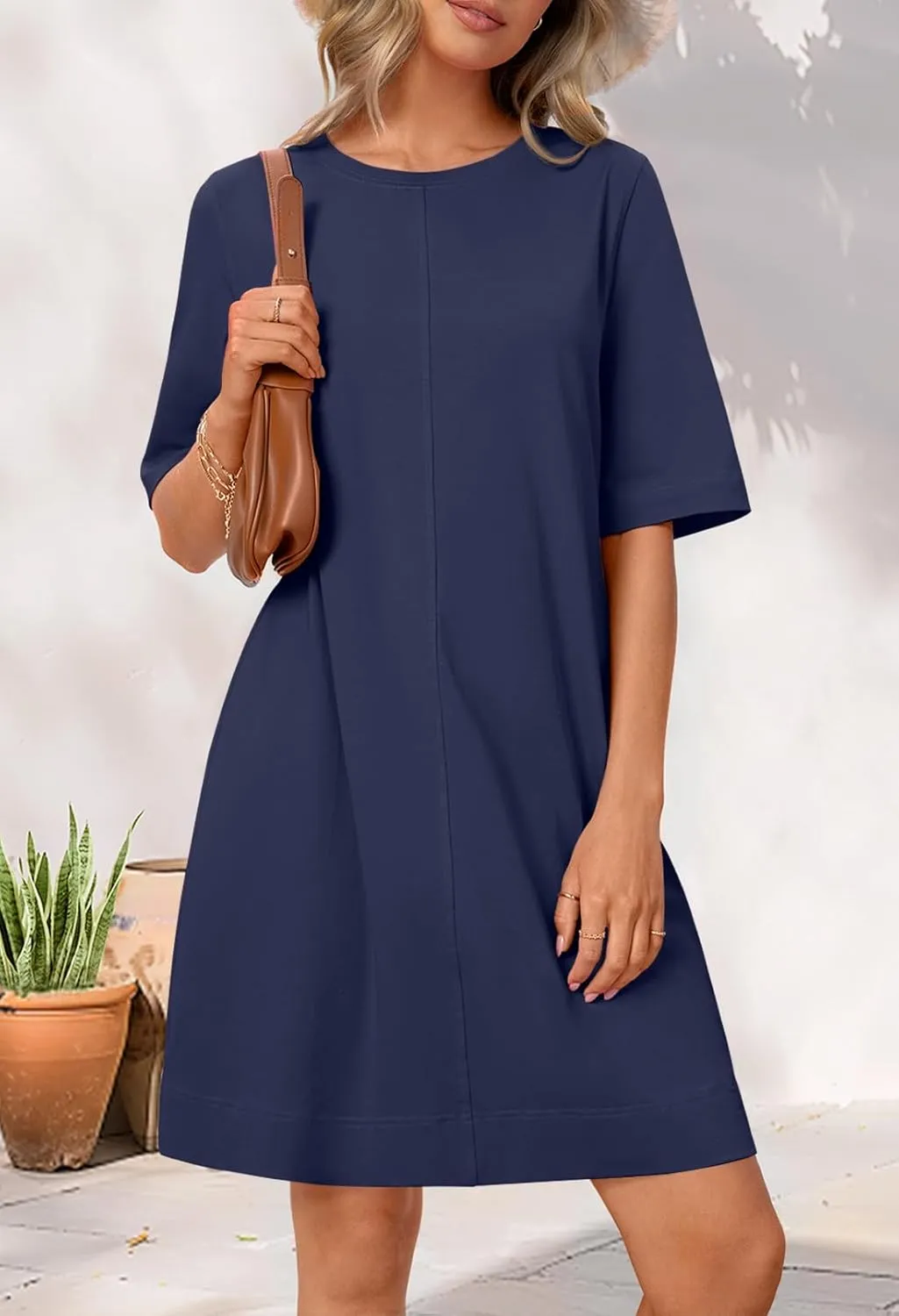 MEROKEETY Women's 2025 Summer Short Sleeve Dress Crewneck Casual Mini Tshirt Dresses with Pockets