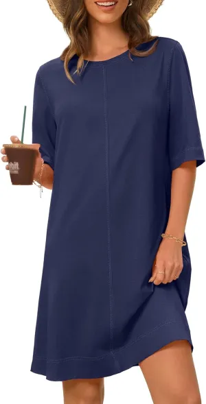 MEROKEETY Women's 2025 Summer Short Sleeve Dress Crewneck Casual Mini Tshirt Dresses with Pockets