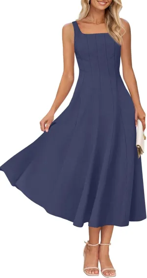 MEROKEETY Women's 2025 Summer Sleeveless Midi Dress Square Neck Smocked Flowy A Line Beach Dresses