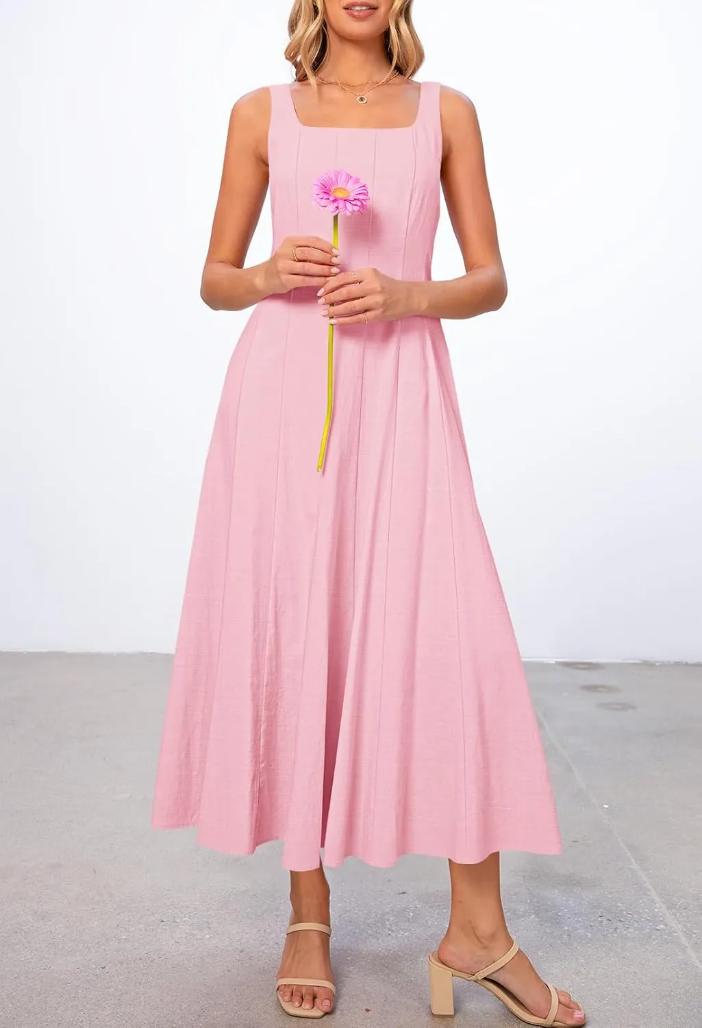 MEROKEETY Women's 2025 Summer Sleeveless Midi Dress Square Neck Smocked Flowy A Line Beach Dresses