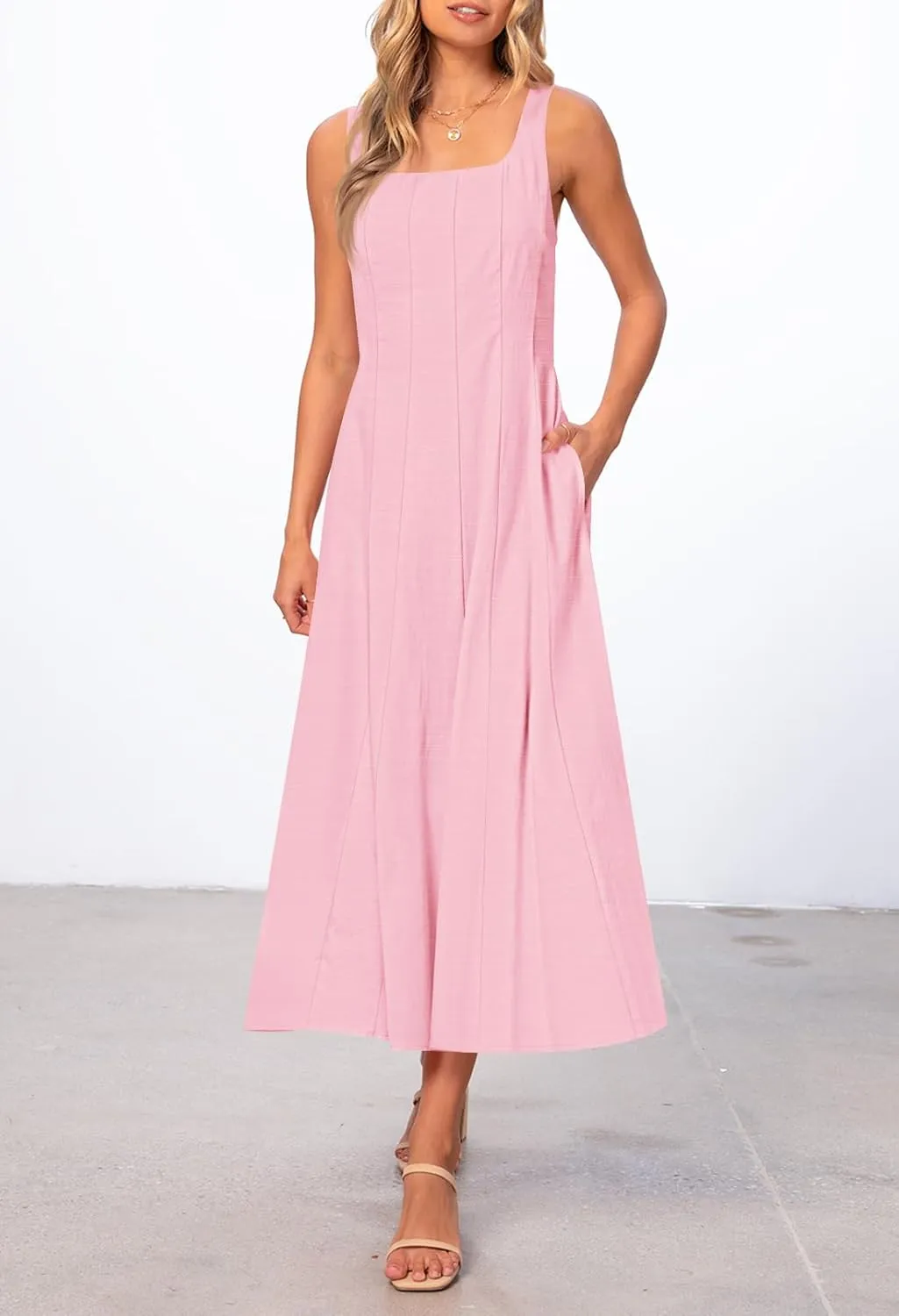 MEROKEETY Women's 2025 Summer Sleeveless Midi Dress Square Neck Smocked Flowy A Line Beach Dresses