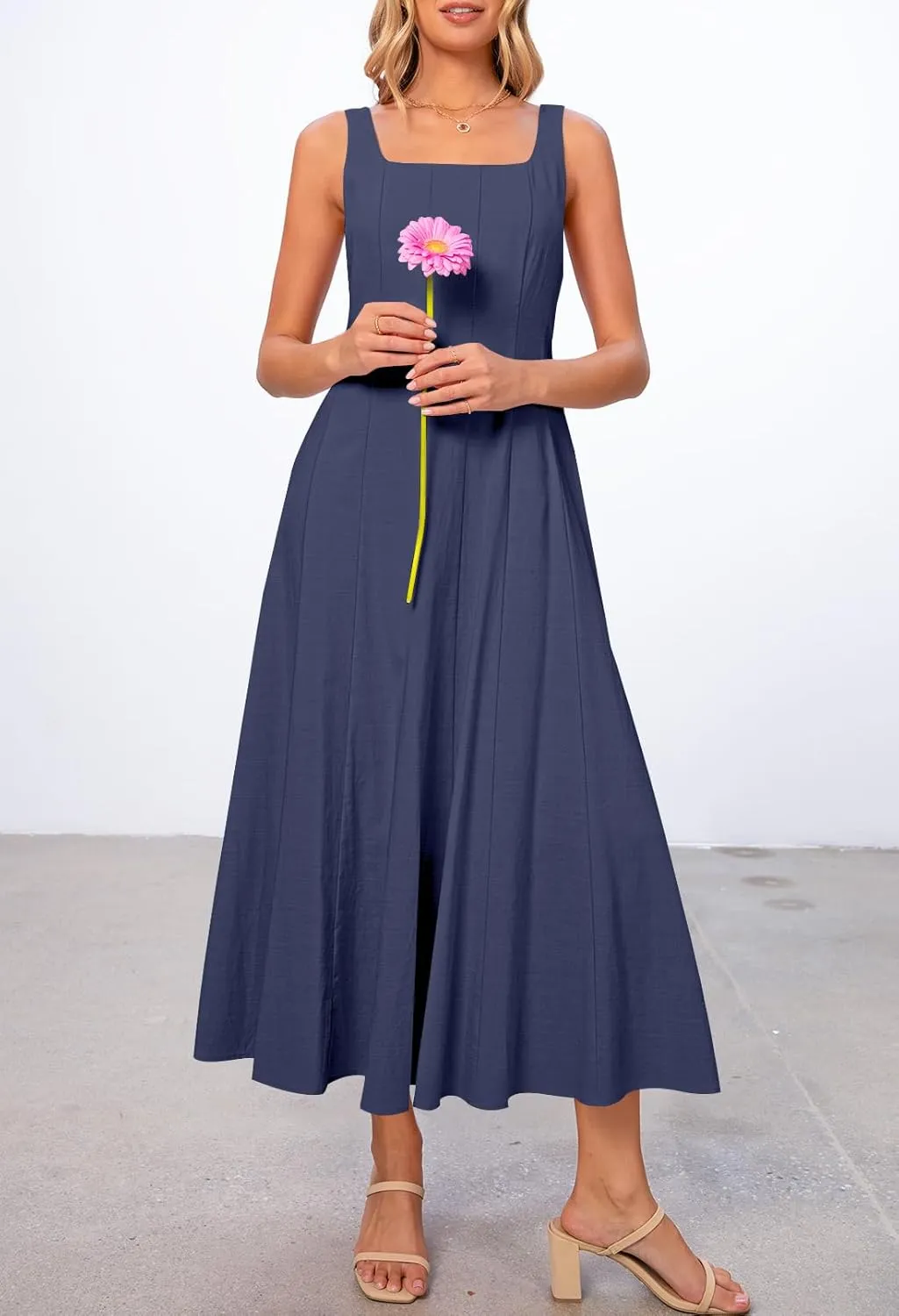 MEROKEETY Women's 2025 Summer Sleeveless Midi Dress Square Neck Smocked Flowy A Line Beach Dresses