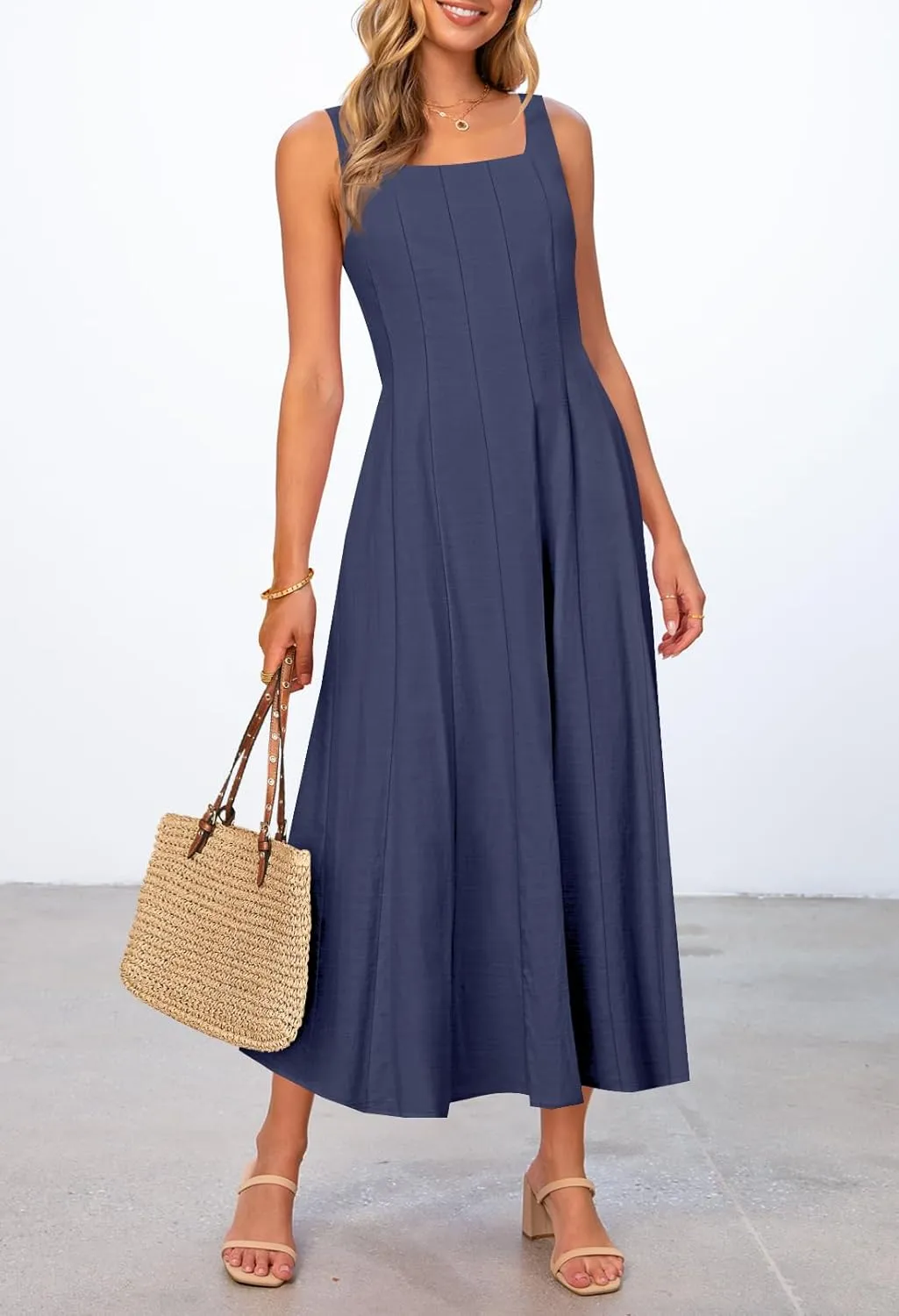 MEROKEETY Women's 2025 Summer Sleeveless Midi Dress Square Neck Smocked Flowy A Line Beach Dresses