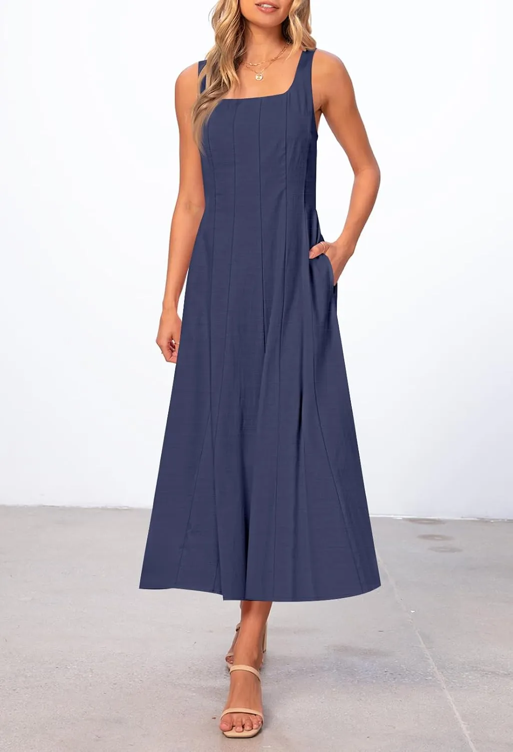 MEROKEETY Women's 2025 Summer Sleeveless Midi Dress Square Neck Smocked Flowy A Line Beach Dresses