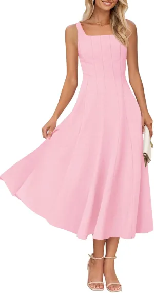 MEROKEETY Women's 2025 Summer Sleeveless Midi Dress Square Neck Smocked Flowy A Line Beach Dresses