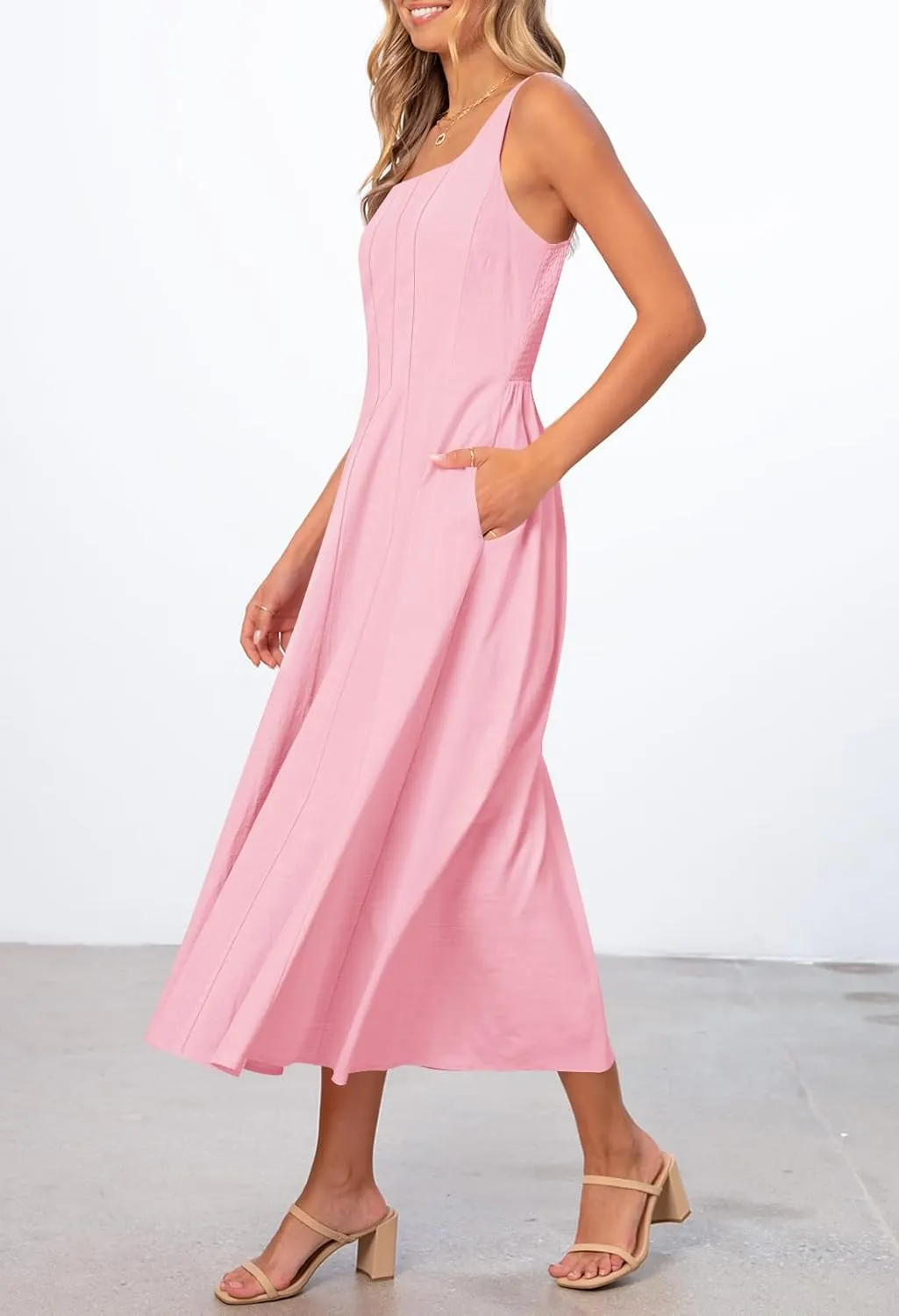 MEROKEETY Women's 2025 Summer Sleeveless Midi Dress Square Neck Smocked Flowy A Line Beach Dresses