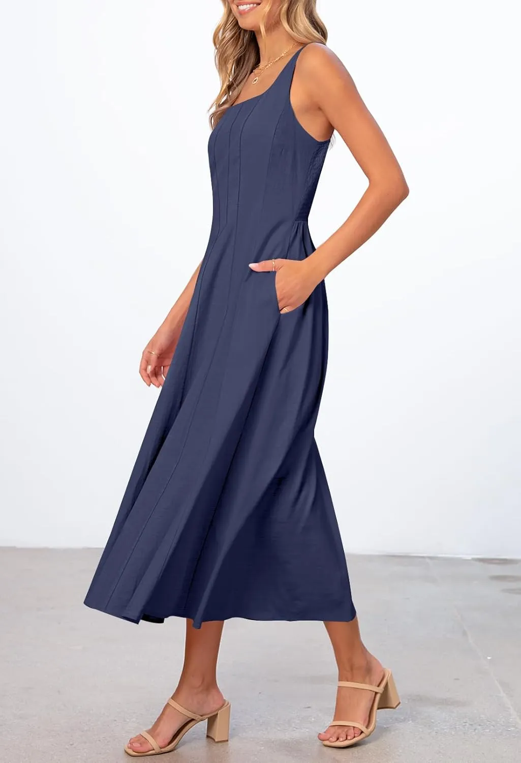 MEROKEETY Women's 2025 Summer Sleeveless Midi Dress Square Neck Smocked Flowy A Line Beach Dresses