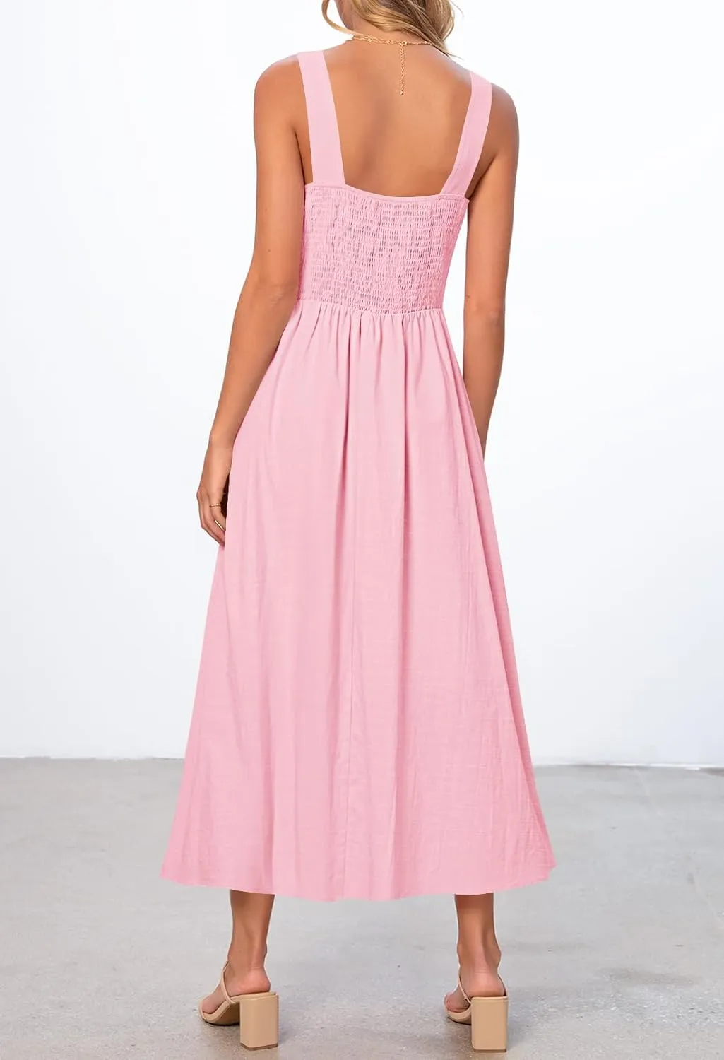 MEROKEETY Women's 2025 Summer Sleeveless Midi Dress Square Neck Smocked Flowy A Line Beach Dresses