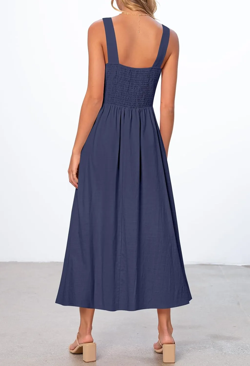 MEROKEETY Women's 2025 Summer Sleeveless Midi Dress Square Neck Smocked Flowy A Line Beach Dresses