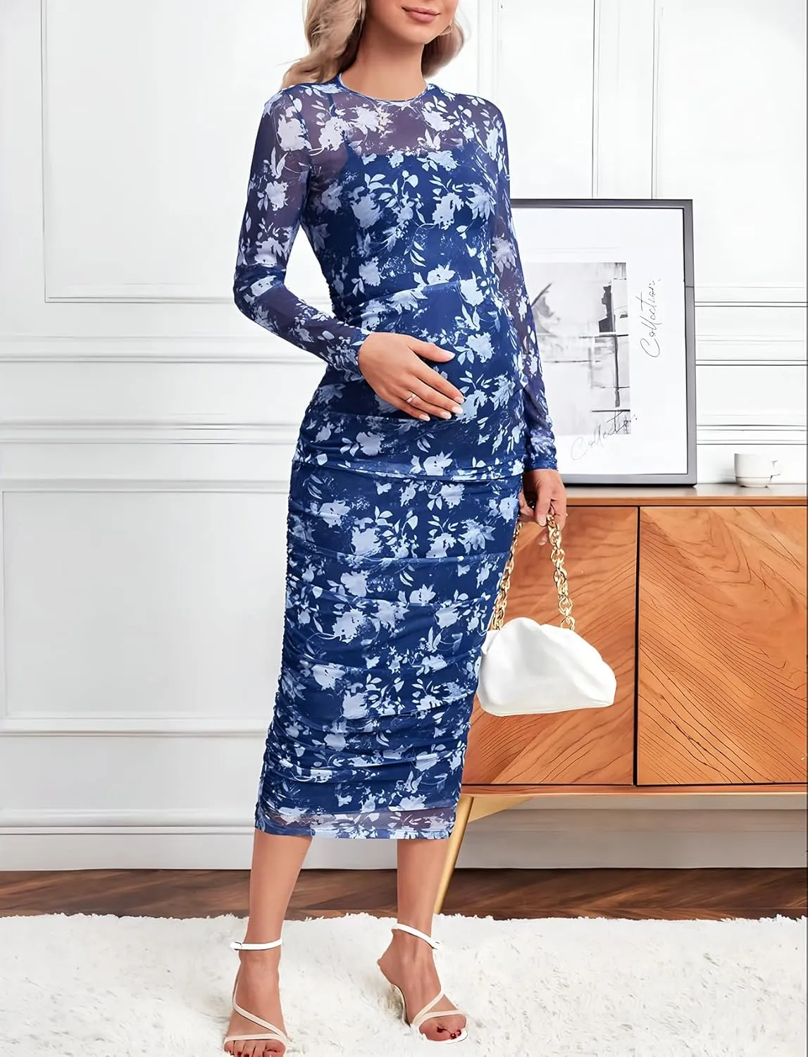 Mesh Maternity Dress Ruched Side Round Neck Pregnancy Dresses Baby Shower Wedding Guest Cocktail Party 2024 Fall