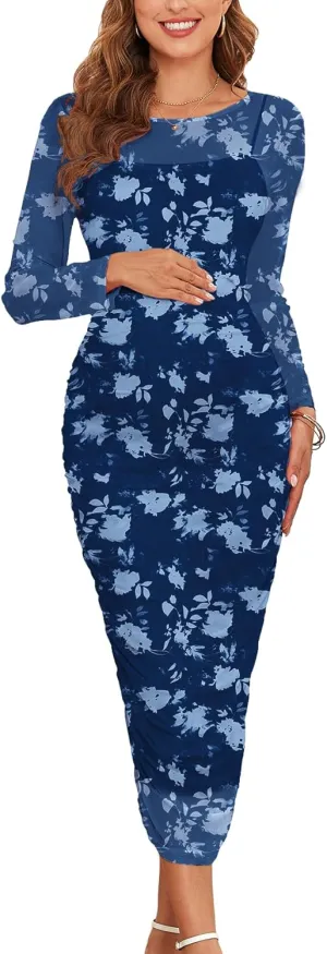 Mesh Maternity Dress Ruched Side Round Neck Pregnancy Dresses Baby Shower Wedding Guest Cocktail Party 2024 Fall