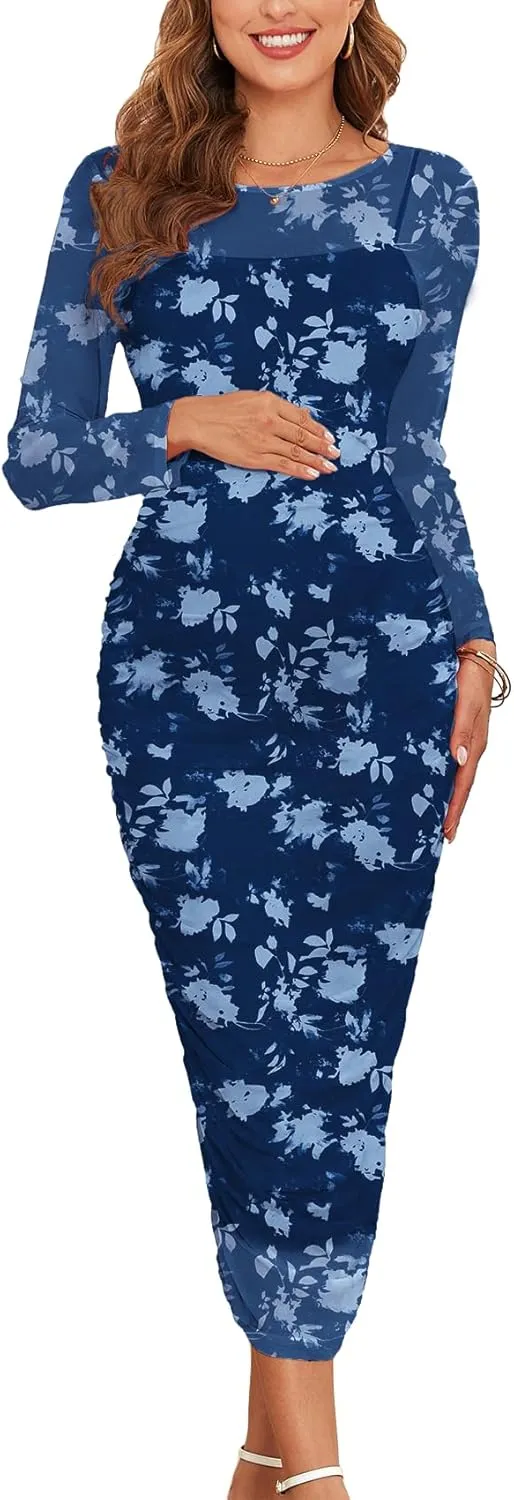 Mesh Maternity Dress Ruched Side Round Neck Pregnancy Dresses Baby Shower Wedding Guest Cocktail Party 2024 Fall